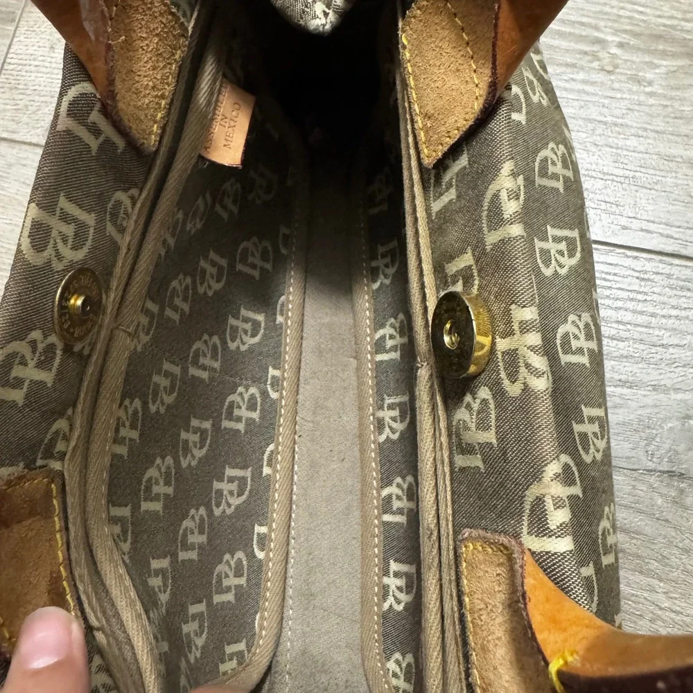 Vtg Dooney & Bourke Monogram Canvas Satchel Bag Leather Trim Tassel Handbag y2k